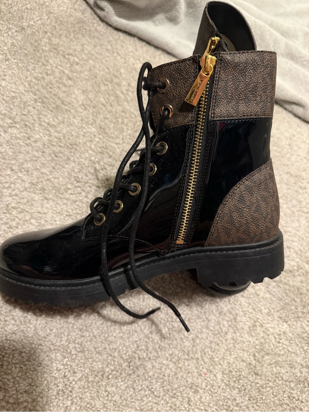 Michael Kors Black Patent Combat Boot with Brown Monogram and Gold Zip